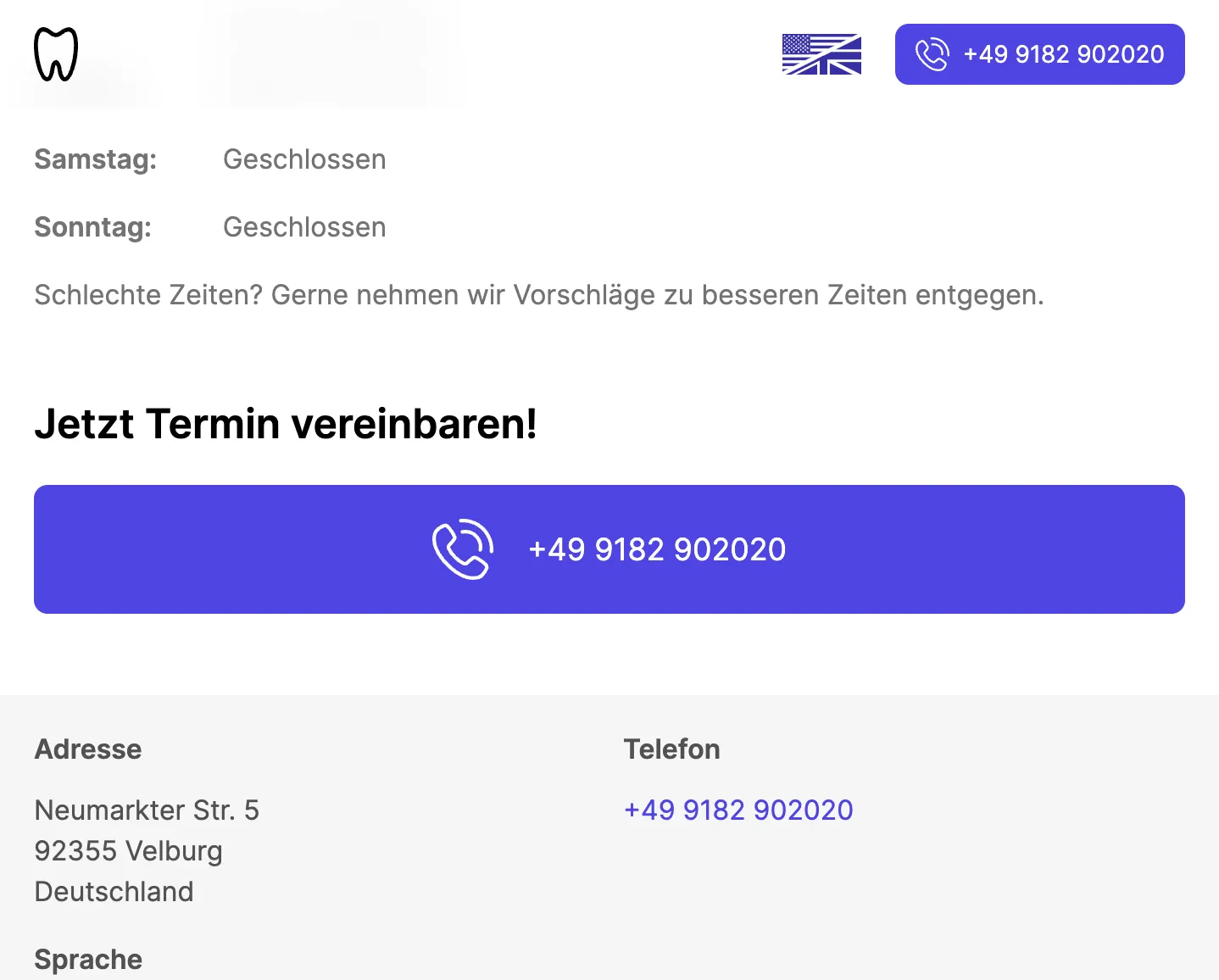 Screenshot showing the fixed call button on the dentistry homepage
