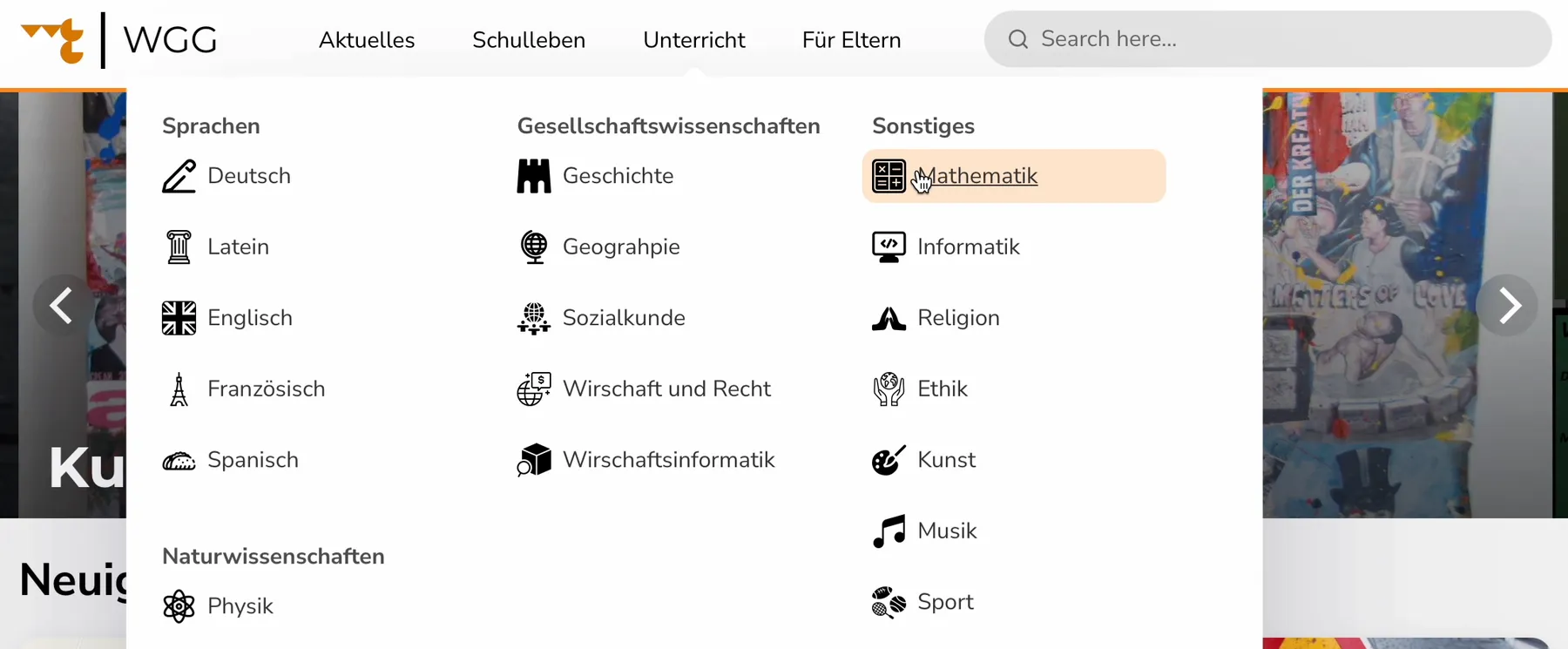 Screenshot of the WGG Neumarkt navigation menu